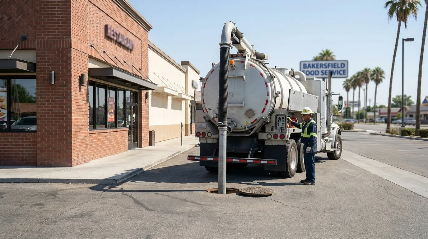 Commercial grease trap being pumped at a Bakersfield food service business
