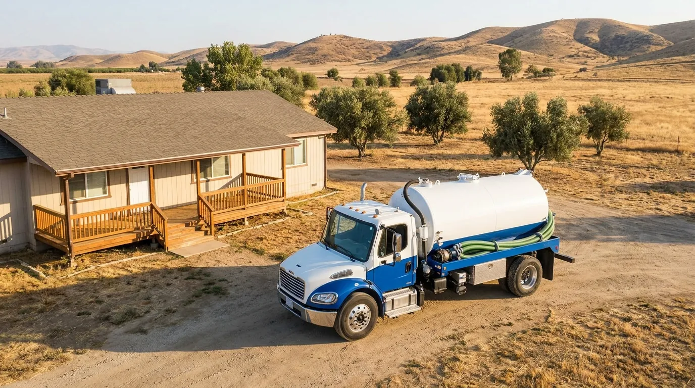 A septic service truck parked beside a rural Bakersfield home