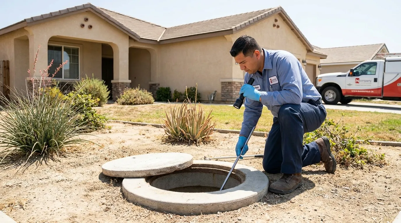 Technician inspecting a septic tank access port at a Bakersfield home