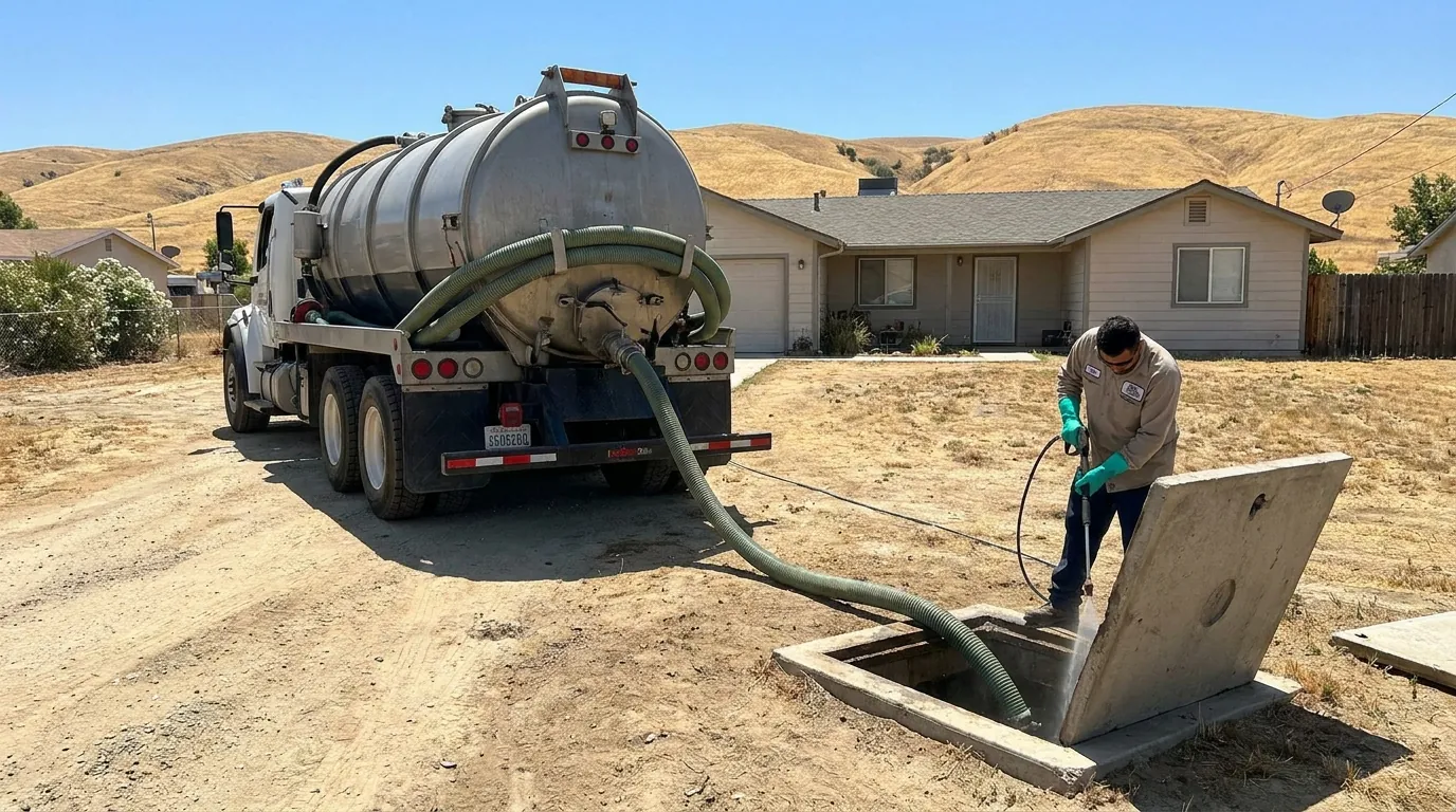 Septic tank being cleaned after pumping at a Bakersfield property